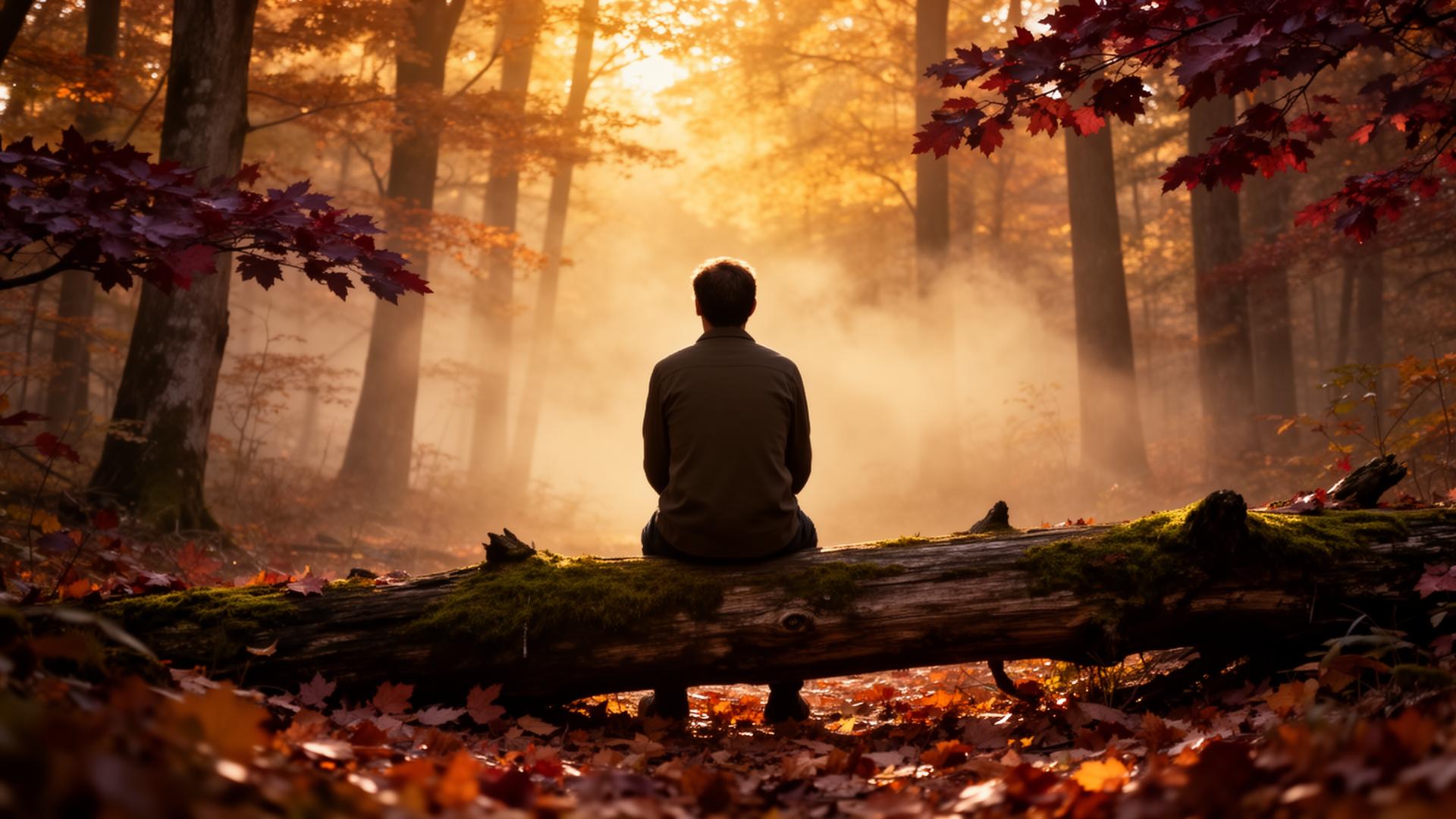 A man sitting quietly on a moss-covered log in an autumn forest at golden hour