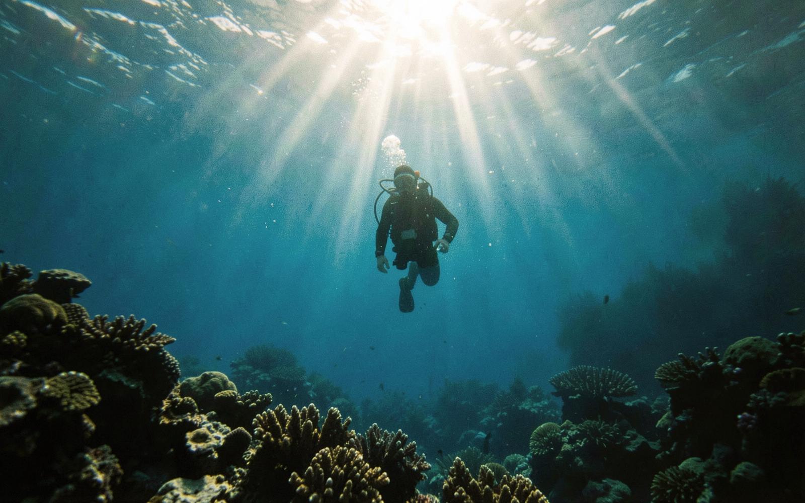 A diver in the sunlit blue water of the Red Sea above a coral reef